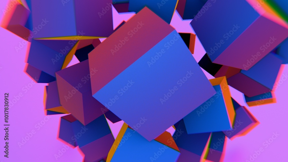 Poster abstract floating cubes with vibrant colors on a pink background..