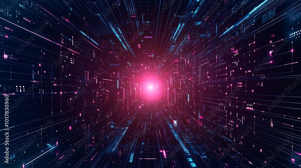 Poster abstract digital tunnel with pink and blue glowing lines radiating from a bright white light at the 