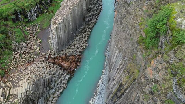 Studlagil basalt canyon in East Iceland. The canyon is located in the upper part of Jokuldalur Valley in East Iceland