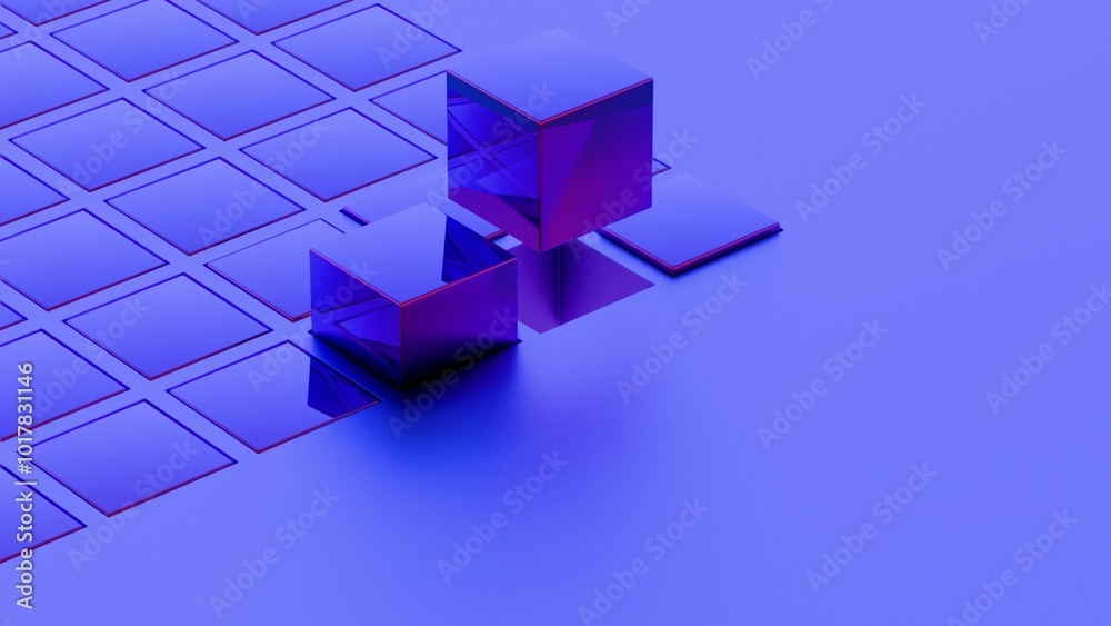 Poster Abstract geometric composition with blue cubes and grid pattern..