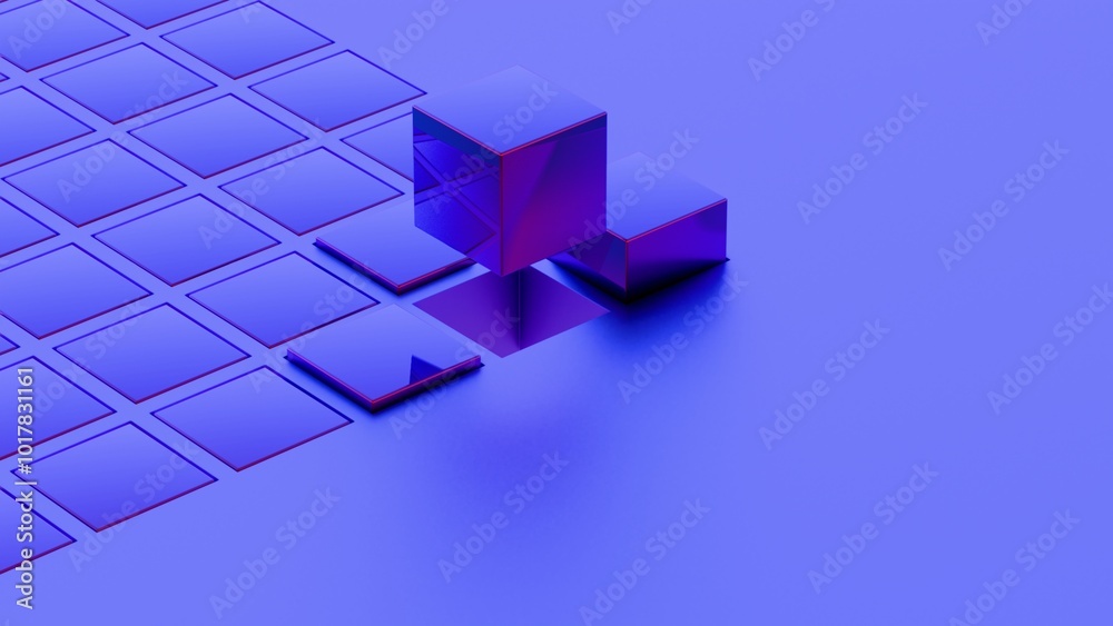 Fototapete abstract geometric composition with blue cubes and grid pattern..
