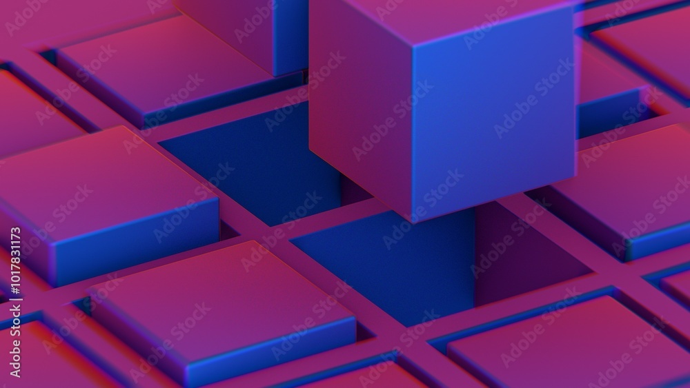 Fototapete abstract composition with blue and pink cubes and grid structure..