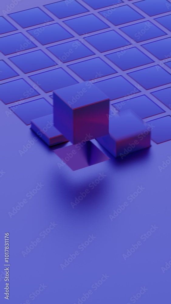 Poster Abstract geometric composition with blue cubes and grid pattern..