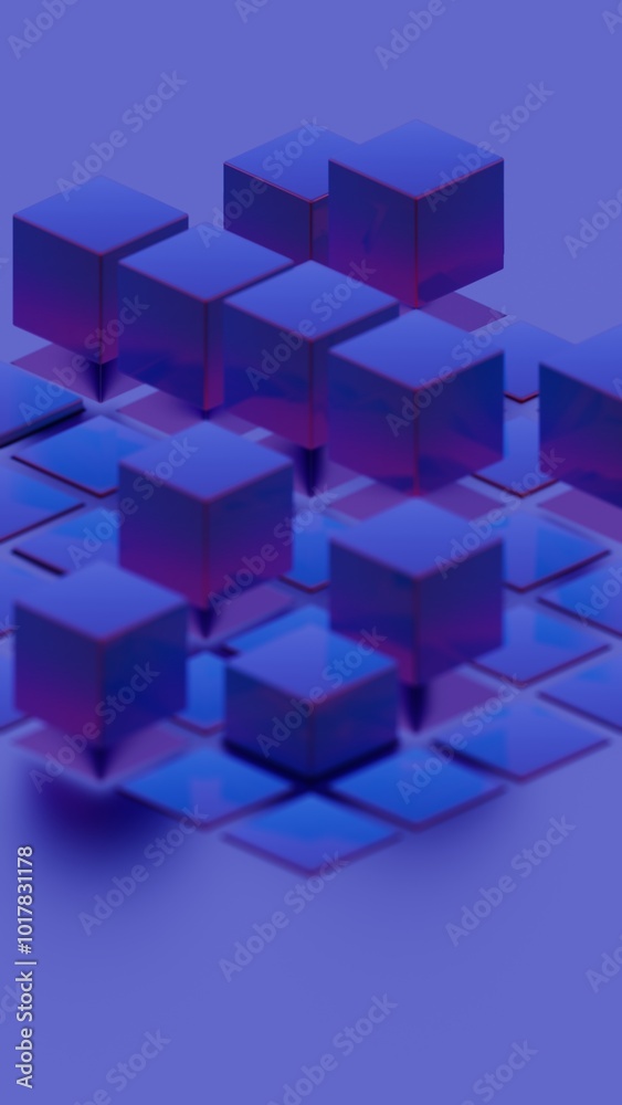 Poster Abstract geometric composition with blue cubes and grid pattern..