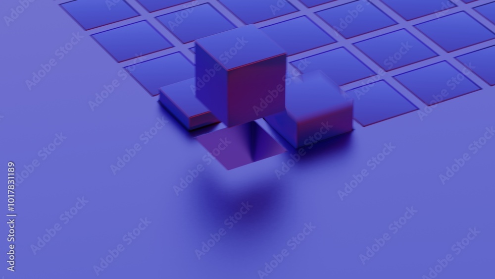 Fototapete Abstract geometric composition with blue cubes and grid pattern..