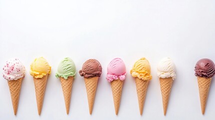 A collection of assorted ice cream flavors and types, beautifully arranged on a white background with space for text