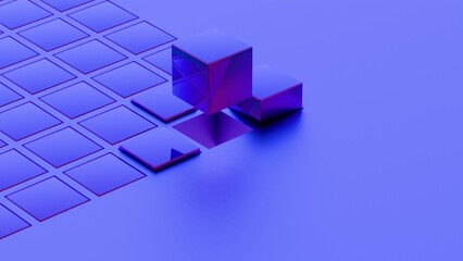 Fototapeta premium Abstract geometric composition with blue cubes and grid pattern..