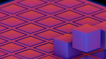 Abstract composition with blue and pink cubes and grid structure..