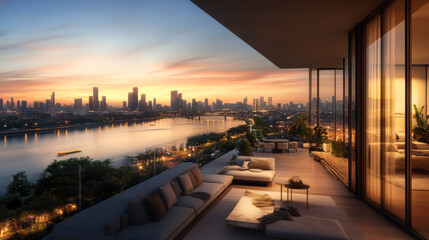 Fototapeta premium Relaxing evening view from a modern balcony overlooking the city skyline and river at twilight