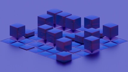 Abstract geometric composition with blue cubes and grid pattern..