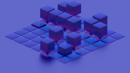 Abstract geometric composition with blue cubes and grid pattern..