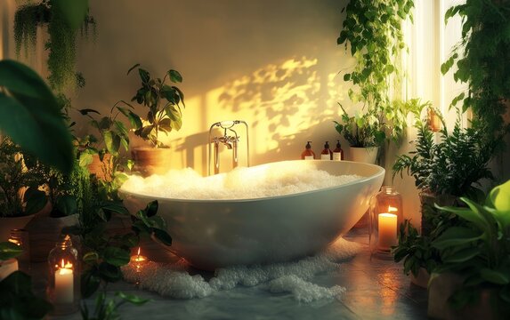 A serene bathroom scene featuring a freestanding tub surrounded by lush plants and soft candlelight, perfect for relaxation.
