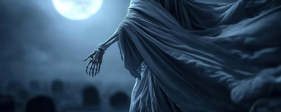 A ghostly wraith with long, flowing robes and skeletal hands, hovering over a graveyard bathed in moonlight