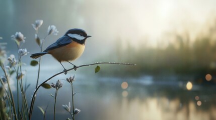 Obraz premium A delicate bird perched gracefully on a thin branch, capturing the beauty and fragility of wildlife in a serene natural setting