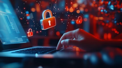 Hands Typing on Laptop with Cybersecurity Hologram - Internet Security, Data Protection, Blockchain, and Online Privacy Concept Background