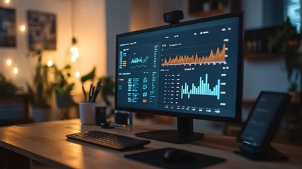 A modern workspace featuring a computer monitor displaying data analytics and graphs, with a cozy ambiance.