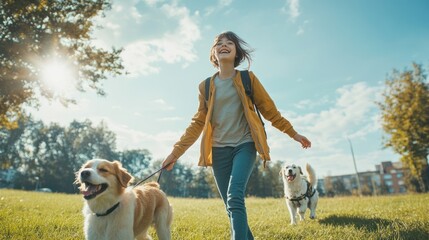 Active young person with pets Featuring the bond between active youth and their pets, often used in campaigns for pet products, outdoor brands, or lifestyle photography.