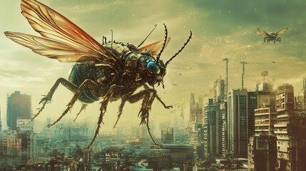 A grotesque amalgamation of human and insect features, with wings and mandibles, attacking a futuristic metropolis