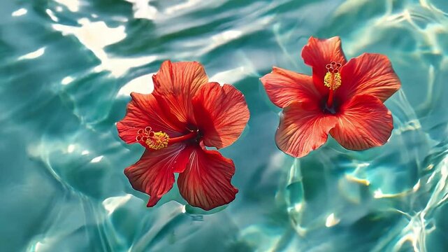 Top view of two red hibiscus flowers floating on water	
