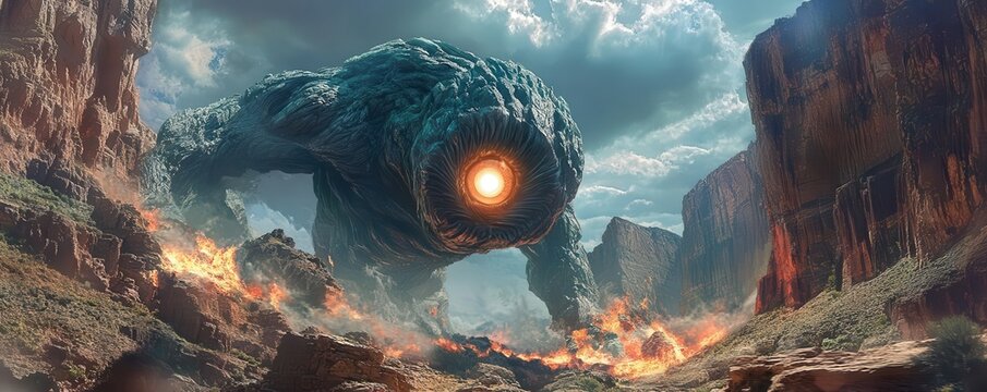 A gigantic cyclops with a single glowing eye, smashing through a rocky canyon in pursuit of its prey