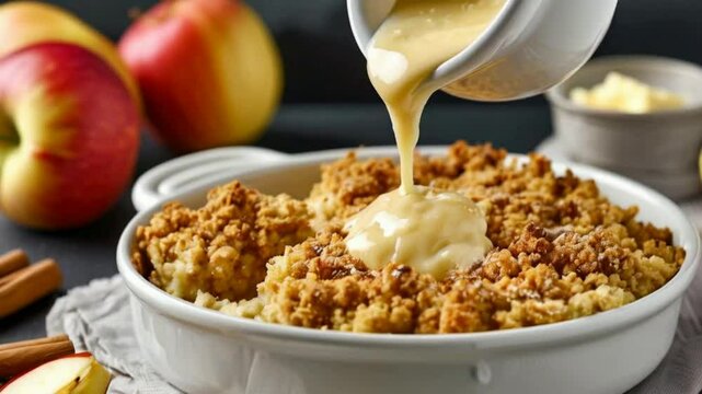 Pouring custard into apple crumble.. A sweet dessert consisting of baked apples topped with a crispy, buttery crumble topping.