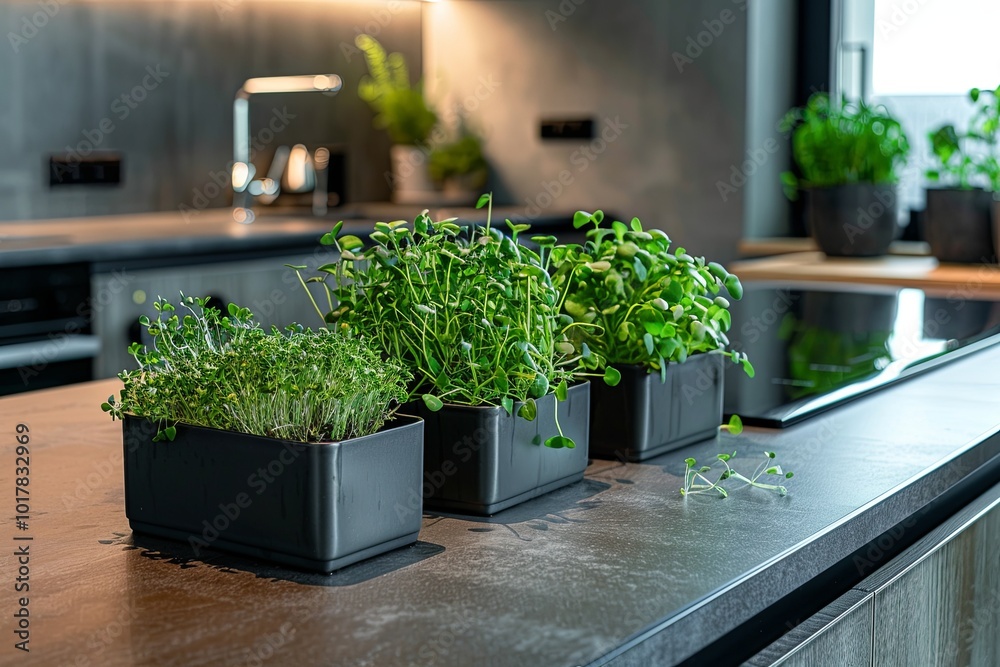 Leinwandbilder fresh microgreens are displayed in sleek planters on a kitchen countertop, illuminated by warm overh