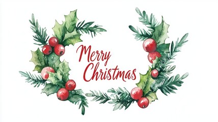 A festive watercolor illustration featuring holly leaves and red berries with the text "Merry Christmas" in a vibrant design.