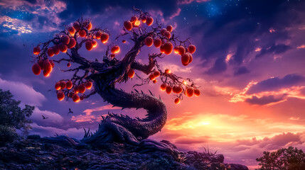 Dragon shaped tree growing glowing fruit at sunset fantasy 3d render