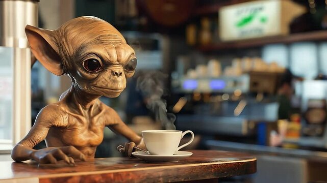 An alien creature enjoying drinking coffee in a coffee shop	