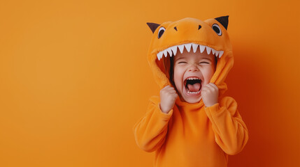 Obraz premium child dressed in an adorable tiger costume for Halloween, playfully laughing and roaring. strikes a fun pose, embodying a playful monster spirit, set against a vibrant orange background banner