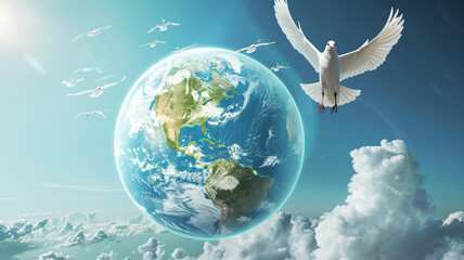 World Peace Day Banner with a dove is flying over a globe, international day of peace concept