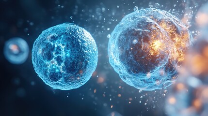 Two cells joining and fusing, symbolizing the process of cell fusion, and an chromosome showing the molecules in cells in the body. A light cinematic dramatic particle background