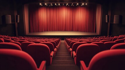 Fototapeta premium A modern theatre auditorium with comfortable seats and a stage ready for a performance, capturing the essence of the dramatic arts.