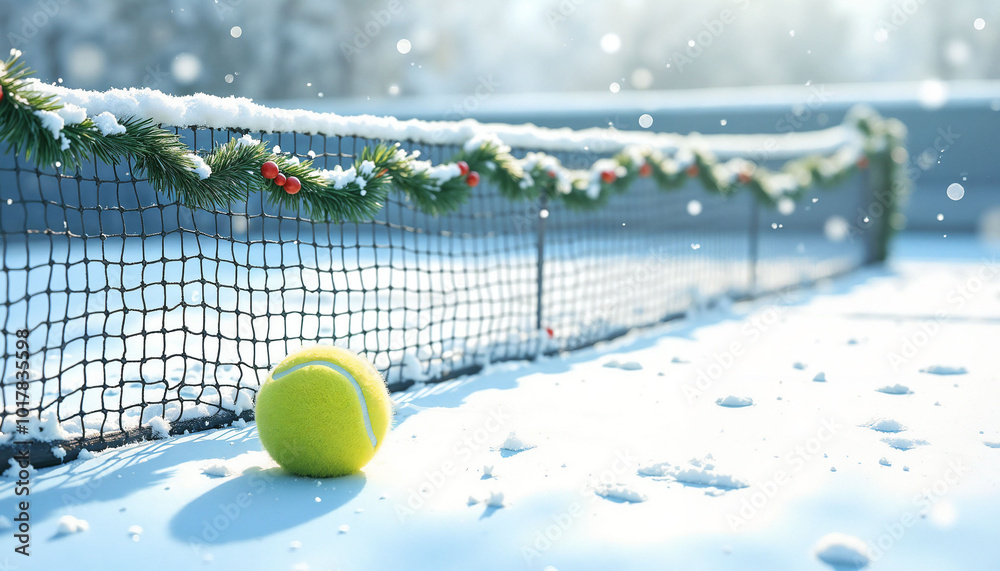 Wall mural tennis ball on snow near festive net decorated with garland in a winter scene, boxing day sports bac