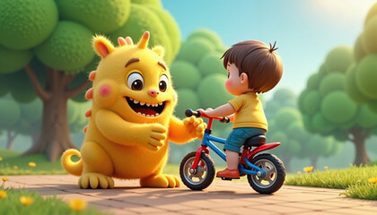 Obraz premium Friendly Monster and Child Happily Interacting on Bicycle Against Cartoon Forest Background