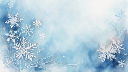 Winter snowy background with delicate snowflakes, soft blue tones, watercolor style, copy space