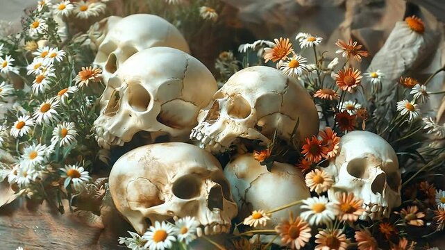 The pile of skull and bone with flowers