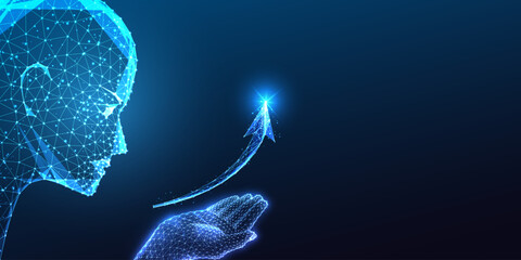 Futuristic AI robotics holding upward arrow. Growth, innovation, technological advancement, progress