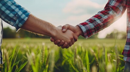 Harvesting Success Two Farmers Seal a Prosperous Partnership in Sunlit Green Field