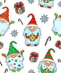 Christmas background with characters with a beard and a Santa Claus hat. Vector seamless background, pattern with dwarfs and snowflakes. Paper or wallpaper, fabric and holiday accessories