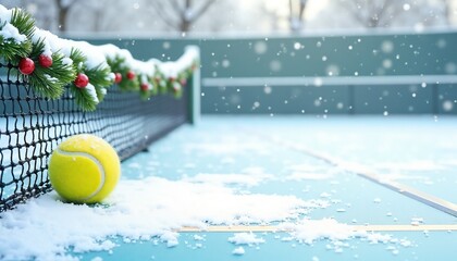 Tennis ball on snow-covered court with festive garland and snowy winter landscape, Boxing Day Sports background, copy space