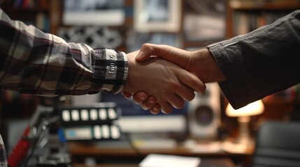 Film Industry Executives Seal Deal with Handshake Over Licensing Contract and Film Reel in Studio Office