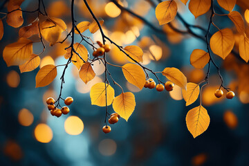 Close-up of tree branches with yellow leaves and small berries against a blurred background with bokeh lights, creating a serene autumn atmosphere.