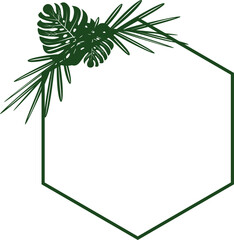 Green Hexagon Frame With Tropical Leaves. Modern Minimalist Design. Botanical Illustration. Lush Foliage And Geometric Shapes For Nature Themed Projects, Stylish Templates, Cards, Creative Layouts.