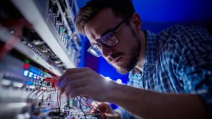 A focused technician works on complex wiring in a dimly lit environment, showcasing expertise in technology.