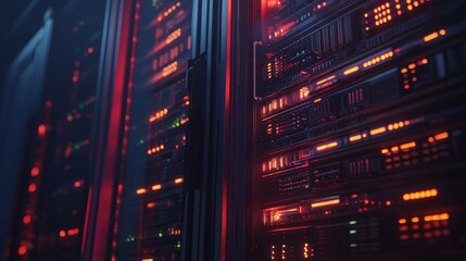 A close-up of a modern server room with illuminated panels, showcasing advanced technology and data storage.