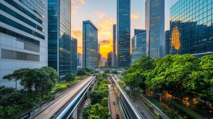 A vibrant city skyline at sunset, showcasing modern architecture and busy roads surrounded by greenery.