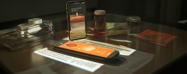 A smartphone displays a health app beside medication and informational materials on a table.