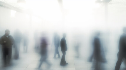 train station background concept passenger transport, foggy silhouettes in motion blur, gloomy atmosphere depressive mood