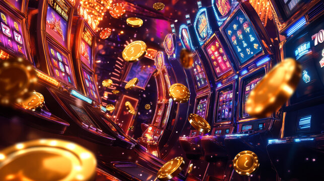 Brightly lit casino interior with swirling coins amidst colorful slot machines at night